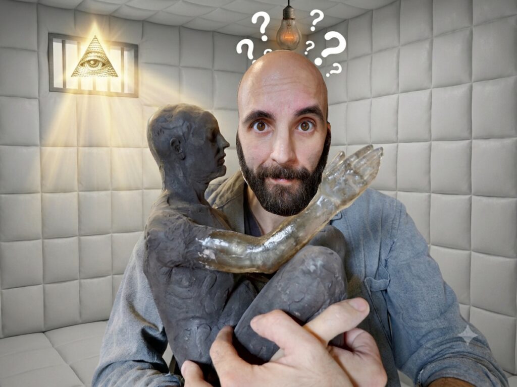 Un uomo calvo con la barba guarda direttamente in camera con un'espressione interrogativa, tenendo in braccio una scultura scura di una figura umana rannicchiata con un braccio trasparente. Sopra la sua testa ci sono punti interrogativi e una lampadina accesa. Si trova in una stanza imbottita con una finestra sbarrata in alto a sinistra da cui brilla l'Occhio della Provvidenza.