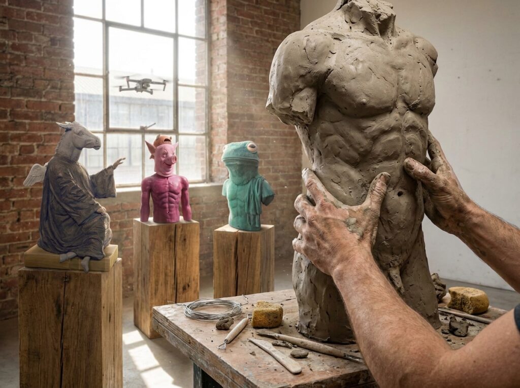 Un primo piano delle mani di un artista che modellano una scultura di argilla in un laboratorio. Sullo sfondo, tre sculture surreali (asino che vola, maiale muscoloso rosa, rana turchese con i peli) sono esposte su piedistalli di legno, con un drone visibile fuori dalla finestra.